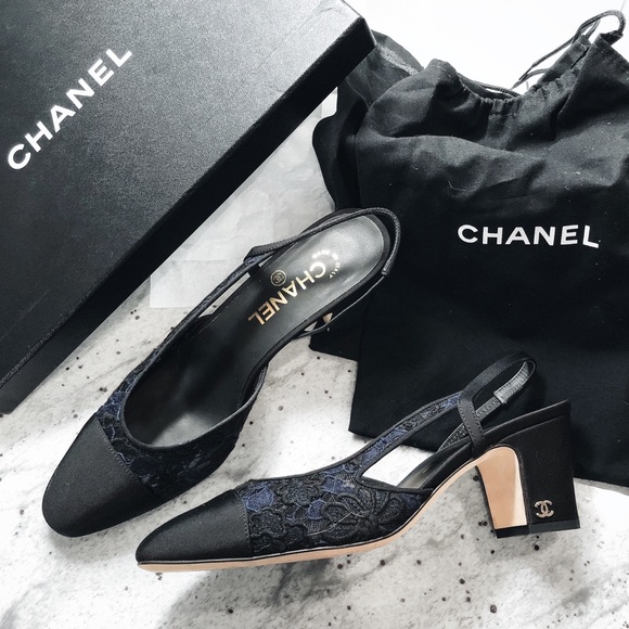 CHANEL Shoes - Chanel navy & black lace slingbacks 38